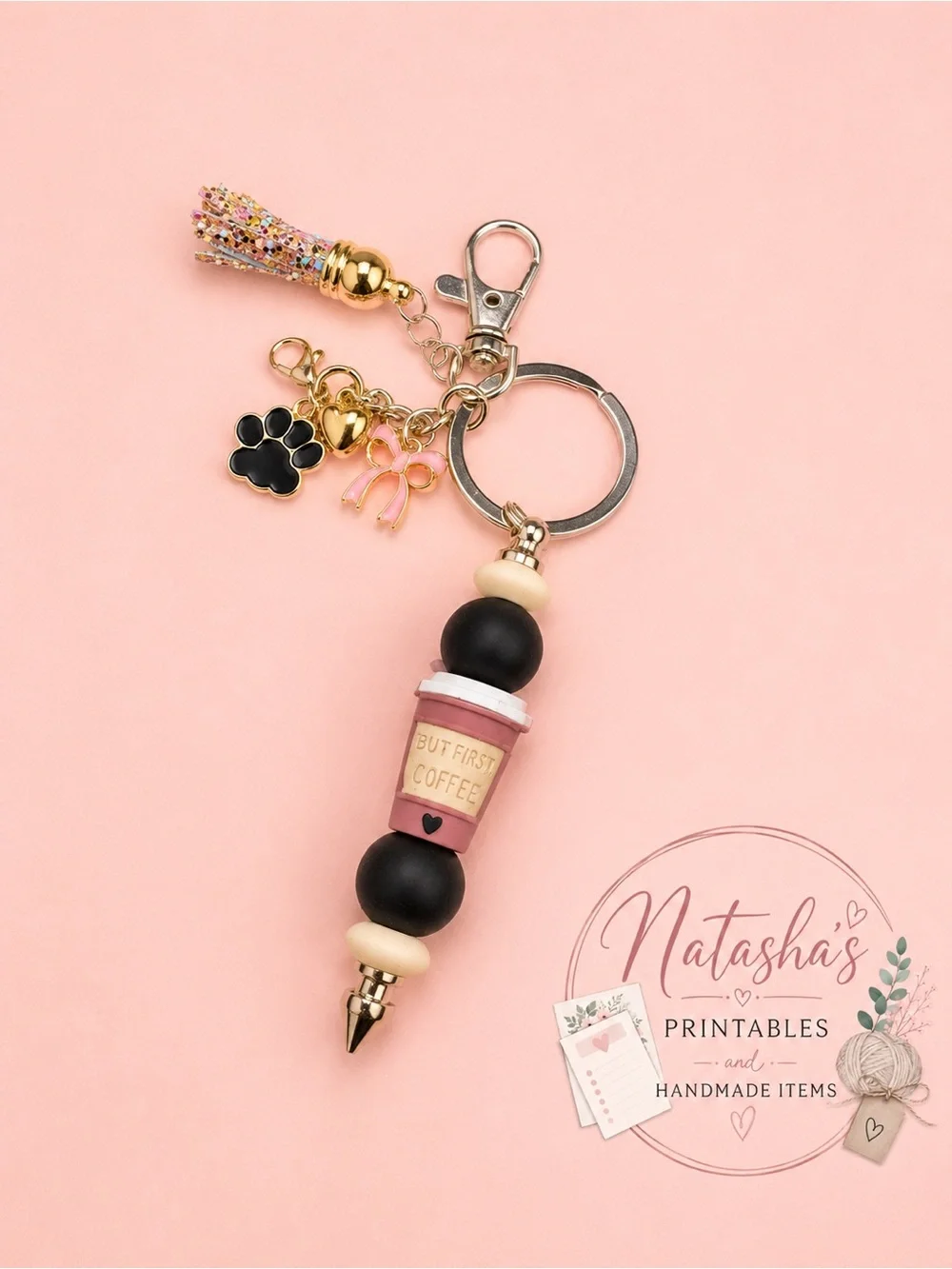 Pink and Black 'But First Coffee' Bead Tassel Keychain